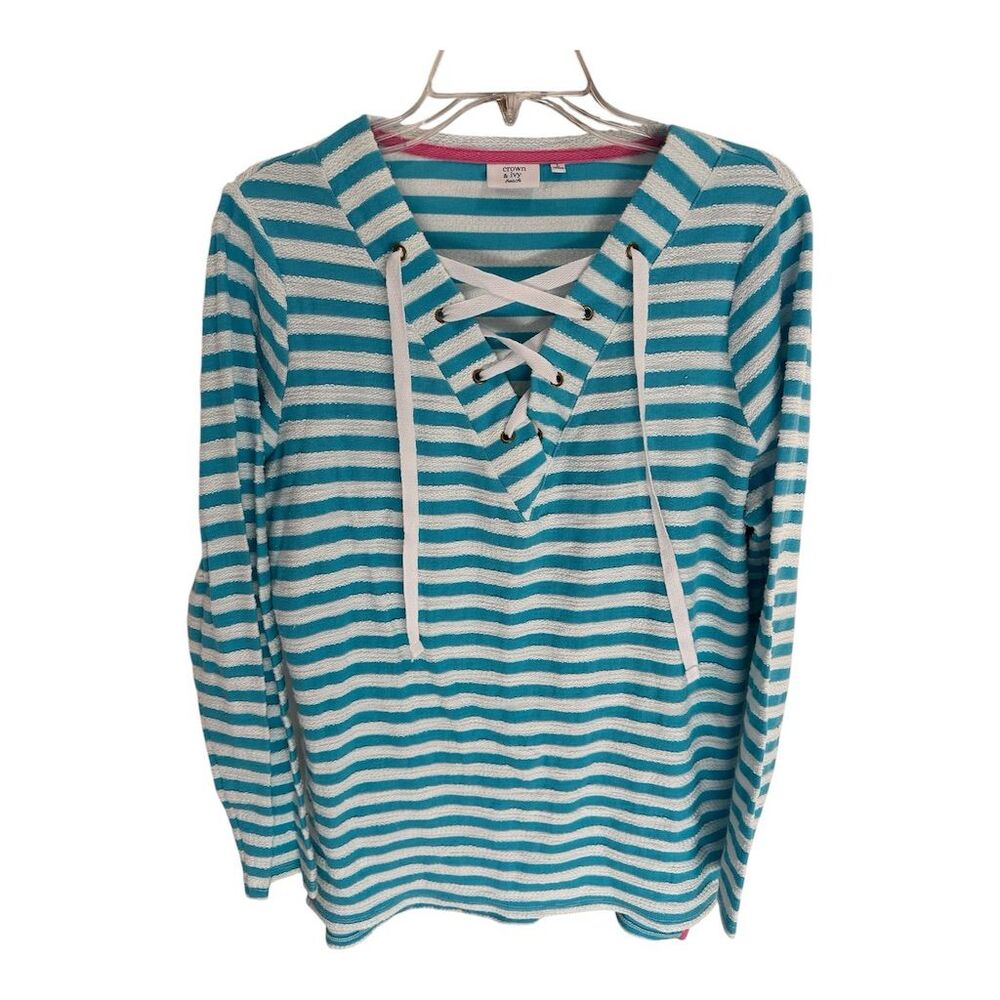 Crown & Ivy Beach Women's Striped Lace-Up Hoodie Blue‎ Size L SI50